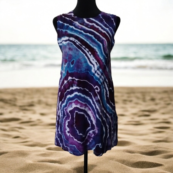 Medium Sleeveless Tunic Purple and Blue Geode Style Tie Dye Top - Picture 1 of 3
